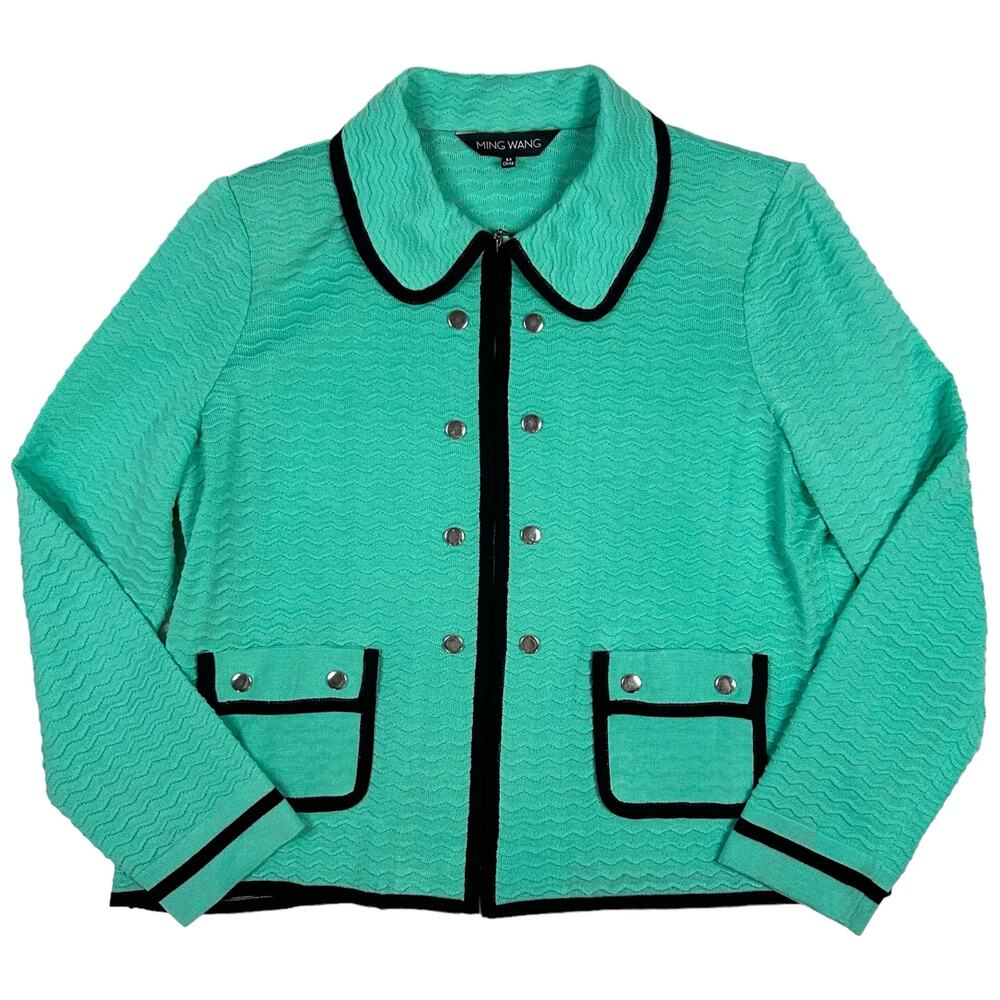 Ming Wang Size M Full Zip Contrast Trim Cardigan Acrylic Jacket Mint Green Black